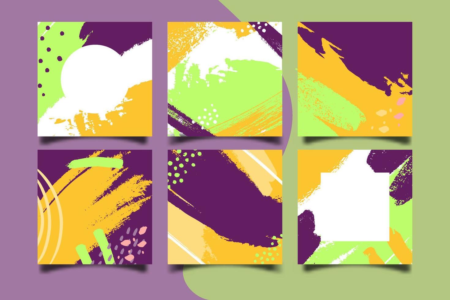 Reihe von farbenfrohen, quadratischen, handgezeichneten abstrakten Hintergründen mit künstlerischen Pinselstrichen und Farbflecken. Vektordesign für Karten, Banner oder Social-Media-Beiträge. vektor