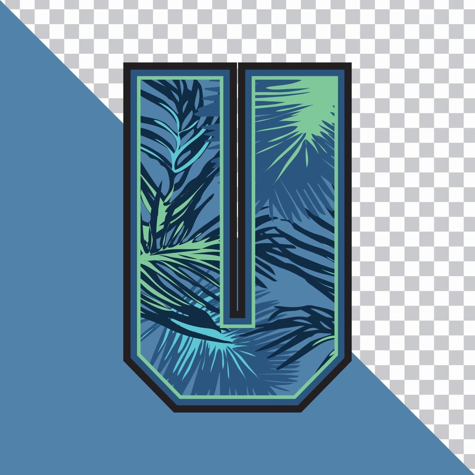 alfabetet u gjord av exotiska tropiska löv vektorillustration med transparent bakgrund. kreativ text effekt "u" bokstav grafisk design. vektor