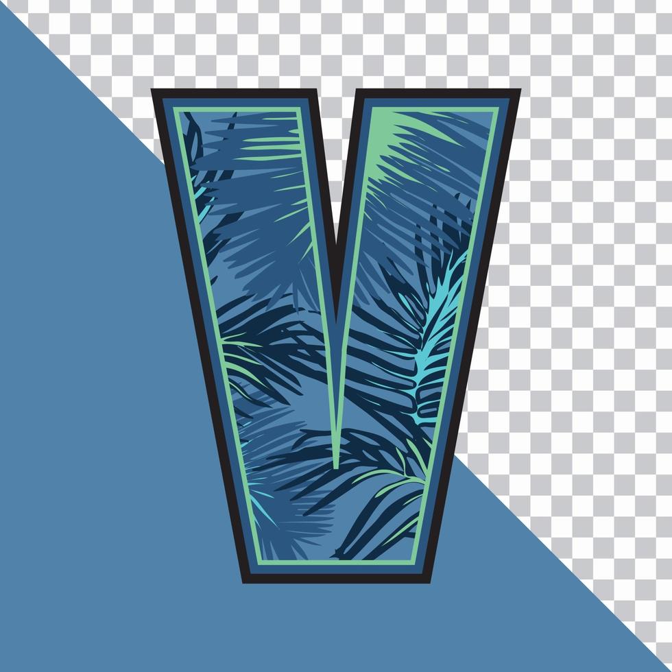 alphabet v aus exotischen tropischen blättern vektorillustration mit transparentem hintergrund. kreativer texteffekt 'v' brief grafikdesign. vektor