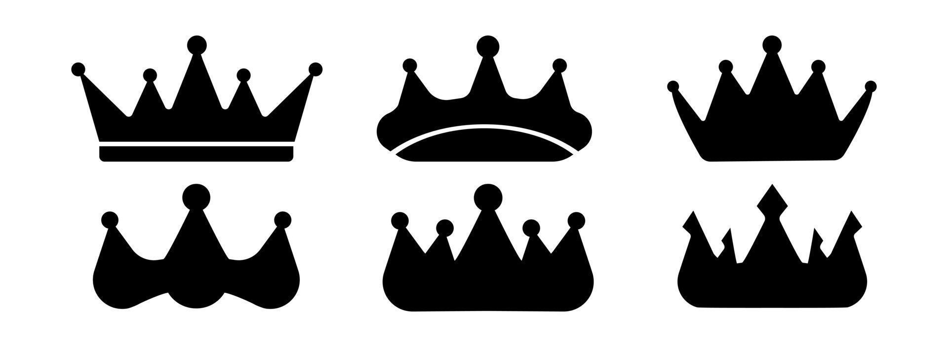 Kronensymbole. königin könig krönt luxus königliche krönung prinzessin tiara heraldische gewinner preis juwel lizenzgebühren monarch schwarze flache silhouette gesetzt. große Reihe von Vektor-Königskronen-Symbol auf weißem Hintergrund. vektor