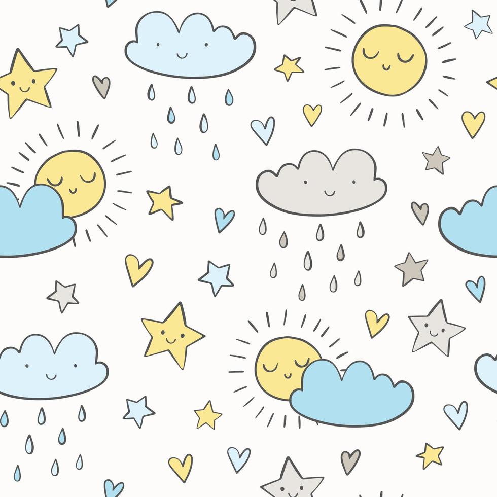 niedliches Gekritzelhimmel-Vektormuster mit lächelnder Sonne, Wolken, Regentropfen und Sternen. hand gezeichneter nahtloser druck des wetters. vektor