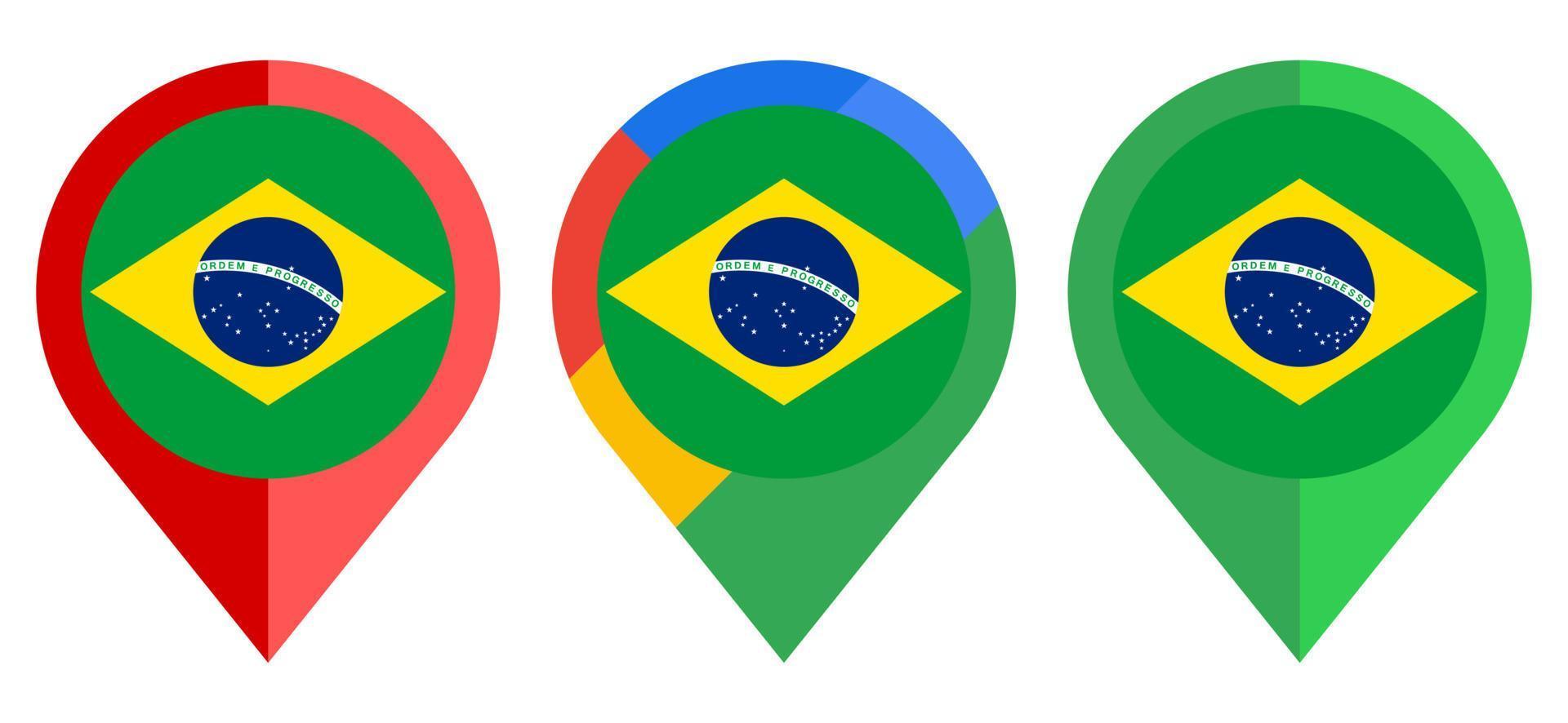 Flaches Kartenmarkierungssymbol mit Brasilien-Flagge isoliert auf weißem Hintergrund vektor