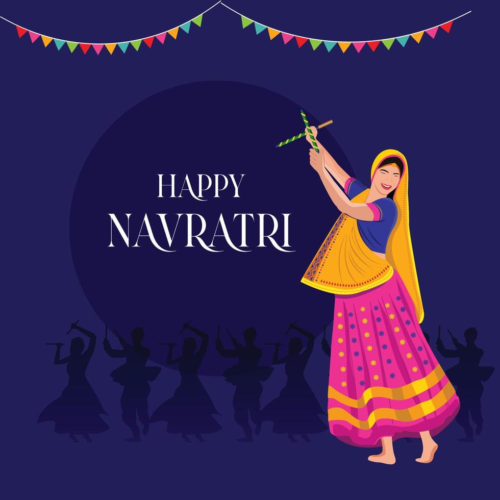 illustration av gudinnan durga-ansikte för glad navratri, par som spelar garba och dandiya i navratri-firande och disconatt vektor