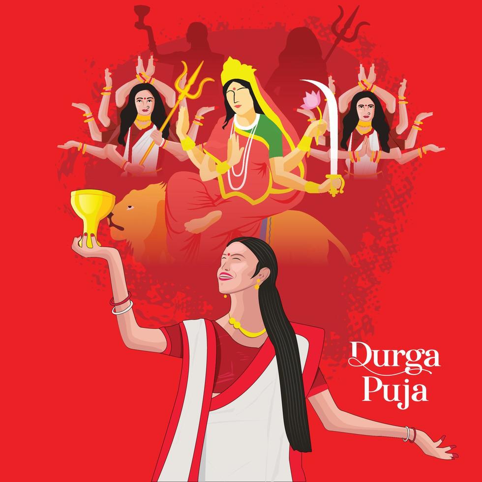 Illustration des Gesichtes der Göttin Durga für glückliche Navratri, Paar, das Garba und Dandiya in Navratri-Feier und Disco-Nacht spielt vektor