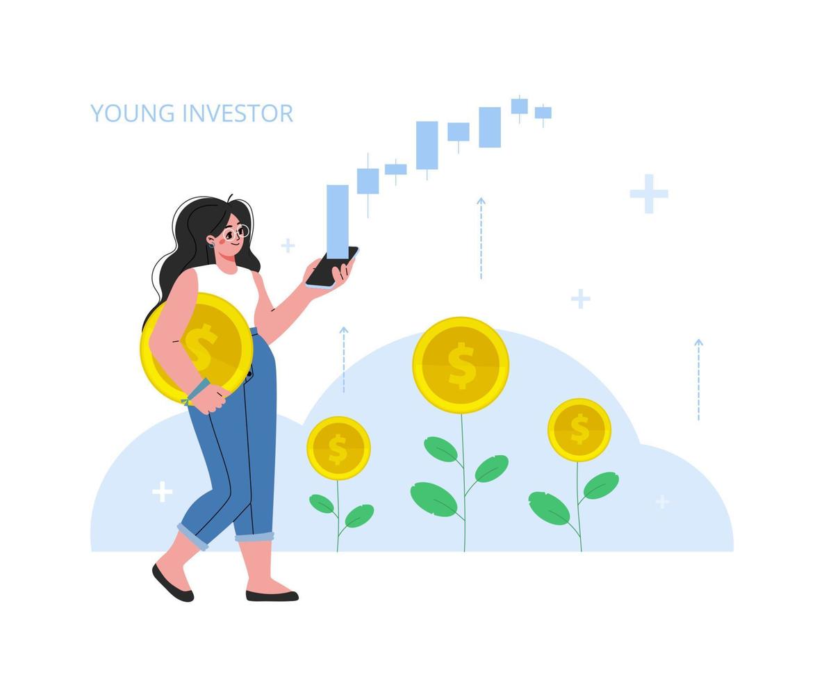 flickan står och håller ett mynt i ena handen, en mobiltelefon i den andra. tittar på börsen via en mobil enhet.investeringarna växer. vektor