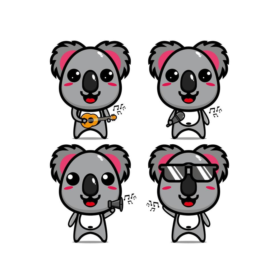 samling koala uppsättningar håller musikinstrument. vektor illustration platt stil seriefigur maskot. isolerad på vit bakgrund. söt karaktär koala maskot logotyp idé bunt koncept