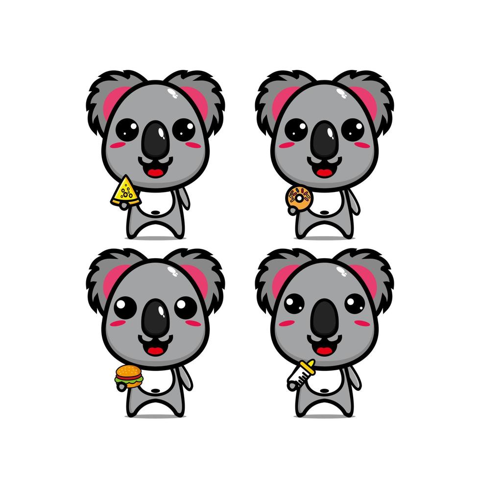 sammlung koala-sets mit lebensmitteln. Vektor-Illustration flache Cartoon-Figur Maskottchen. isoliert auf weißem Hintergrund. niedlicher charakter koala maskottchen logo idee bündel konzept vektor