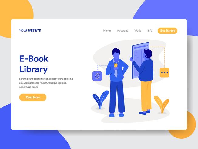 Målsida mall för E-Book Library Illustration Concept. Modernt plattdesignkoncept av webbdesign för webbplats och mobilwebbplats. Vektorns illustration vektor