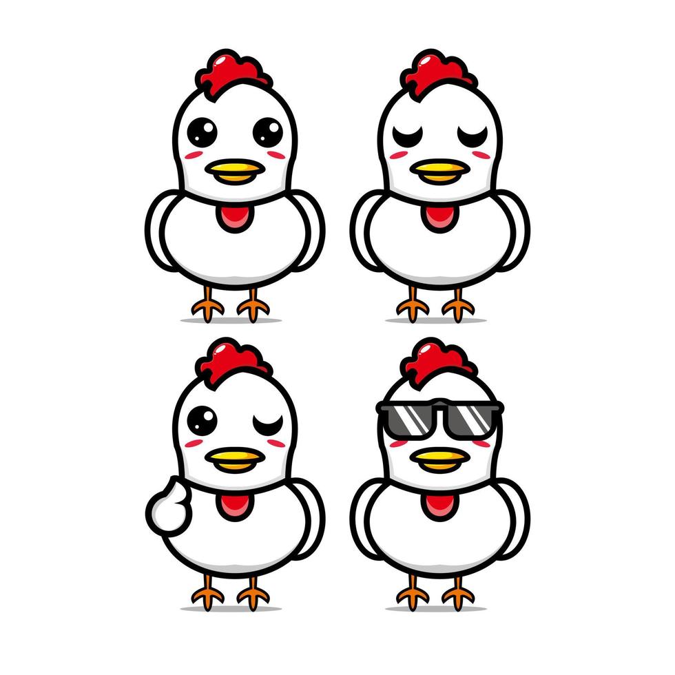 süße Hühnerset-Kollektion. vektor-illustration huhn maskottchen charakter flachen stil cartoon. isoliert auf weißem Hintergrund. niedliches charakter-huhn-maskottchen-logo-ideenbündelkonzept vektor