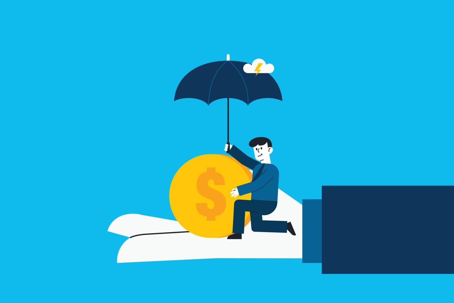 Geschäftsmann schützt Münze mit Regenschirm. vektor