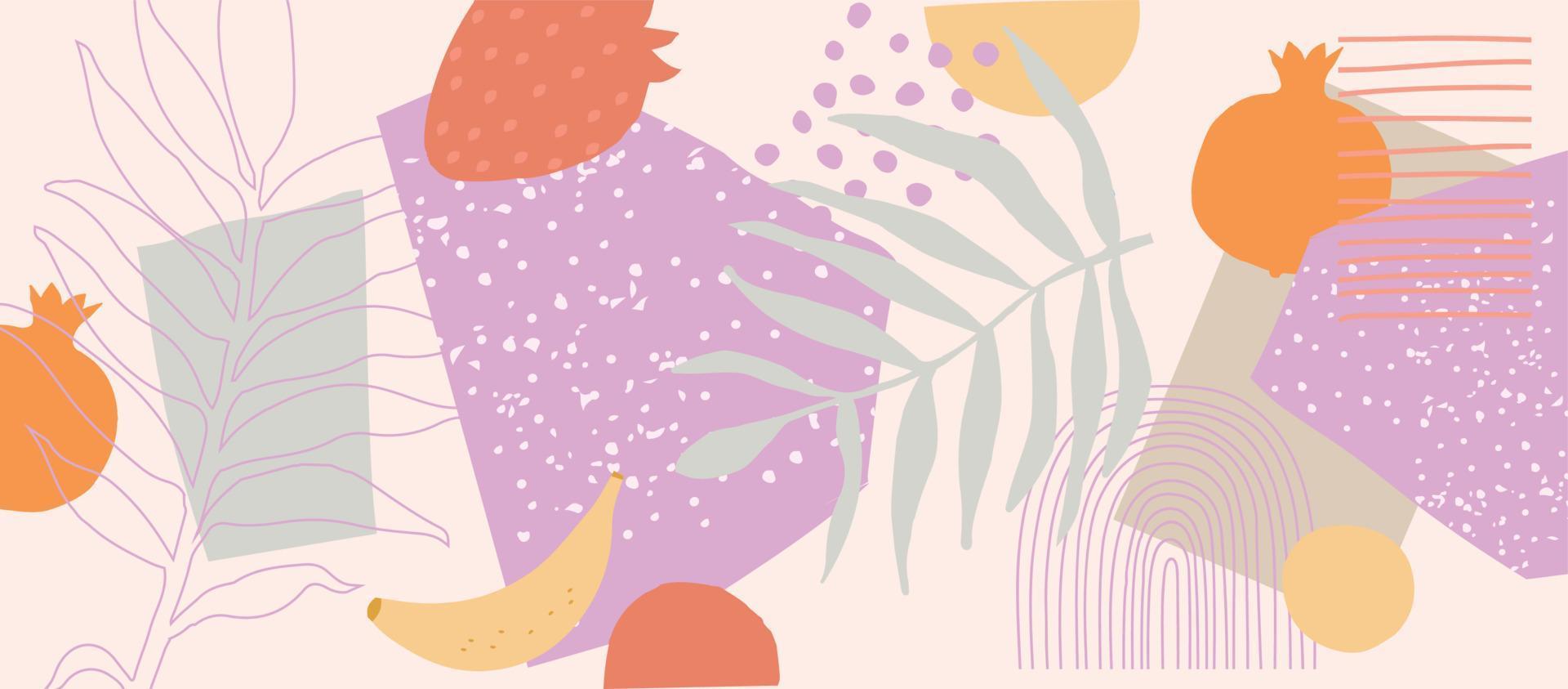 botanische Plakatvektorillustration. Laubzeichnung mit abstrakten Formen und Früchten. Bio-Blätter und Obst-Kunstdruck. abstrakte Gekritzelelemente entwerfen für Hintergrund, Tapete, Karte, Wandkunst vektor