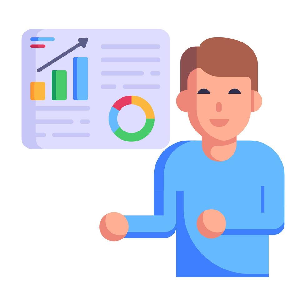 person som förklarar affärsdiagram, platt ikon för statistiker vektor
