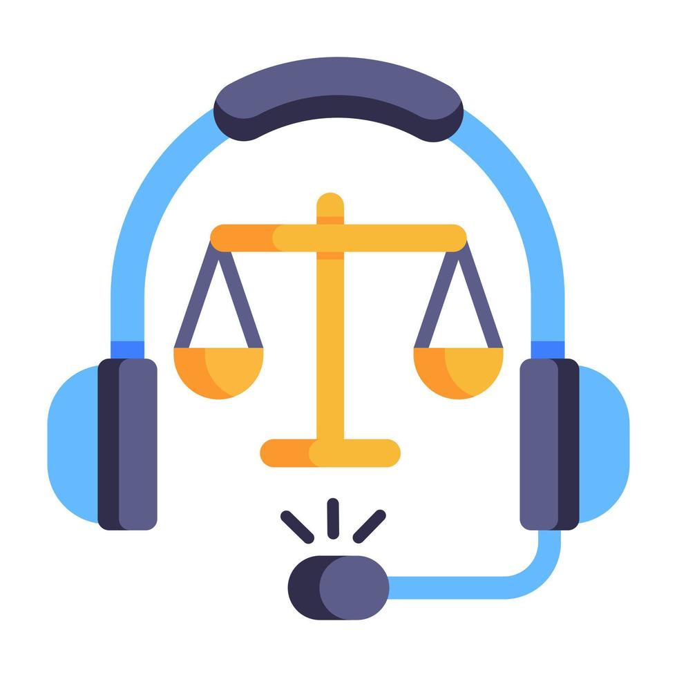Kopfhörer mit Gerechtigkeitsskala, flache Ikone der Rechtshilfe vektor
