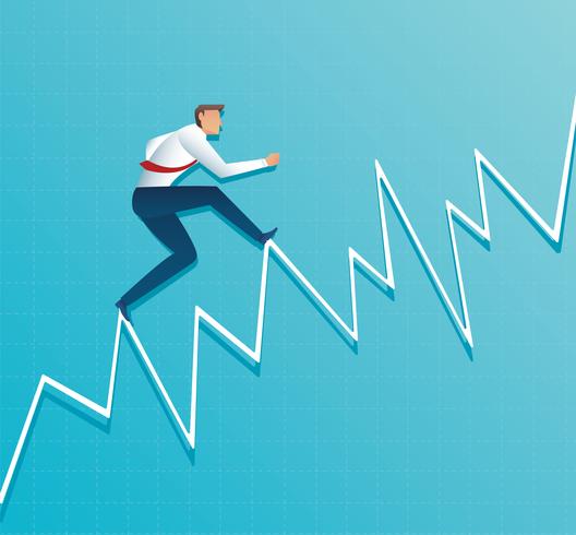 affärsman kör på diagram, arbetstagaren går upp till toppen av pilen, Framgång, uppnåelse, motivation affärssymbol vektorillustration vektor
