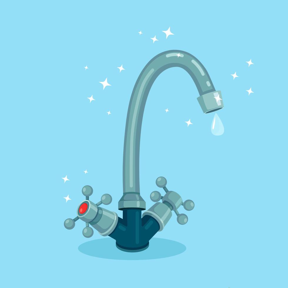 Wasserhahn mit Tropfen auf Hintergrund isoliert. Wasserhahn tropft, leckt. Umweltkonzept speichern. Vektor-Cartoon-Design vektor