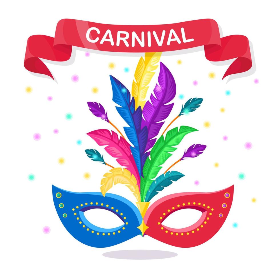 Karnevalsmaske mit Federn isoliert auf weißem Hintergrund. Kostümzubehör für Partys. karneval, venedig-festkonzept. Vektor-Cartoon-Design vektor