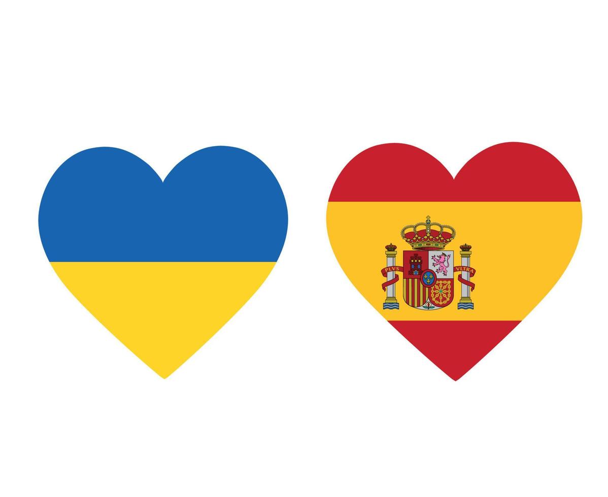Ukraina och Spanien flaggor nationella Europa emblem hjärta ikoner vektor illustration abstrakt designelement