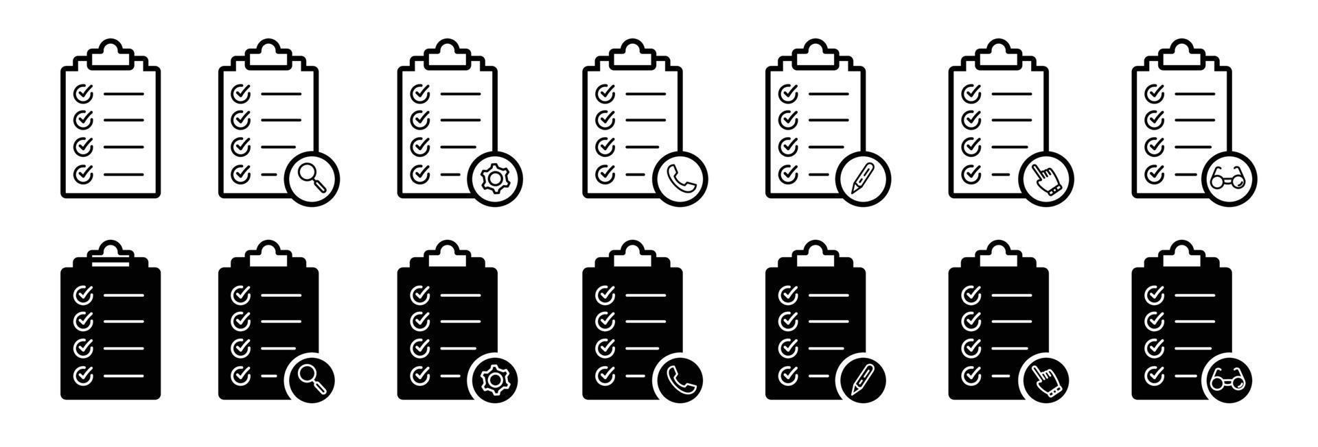 Checkliste-Zwischenablage-Icon-Set. Qualitätszeichen Checkliste flache Linie Symbolform vektor