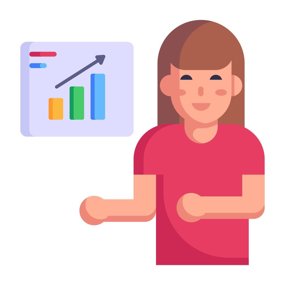 Persona mit Geschäftsdiagrammen, flache Ikone des Datenanalysten vektor