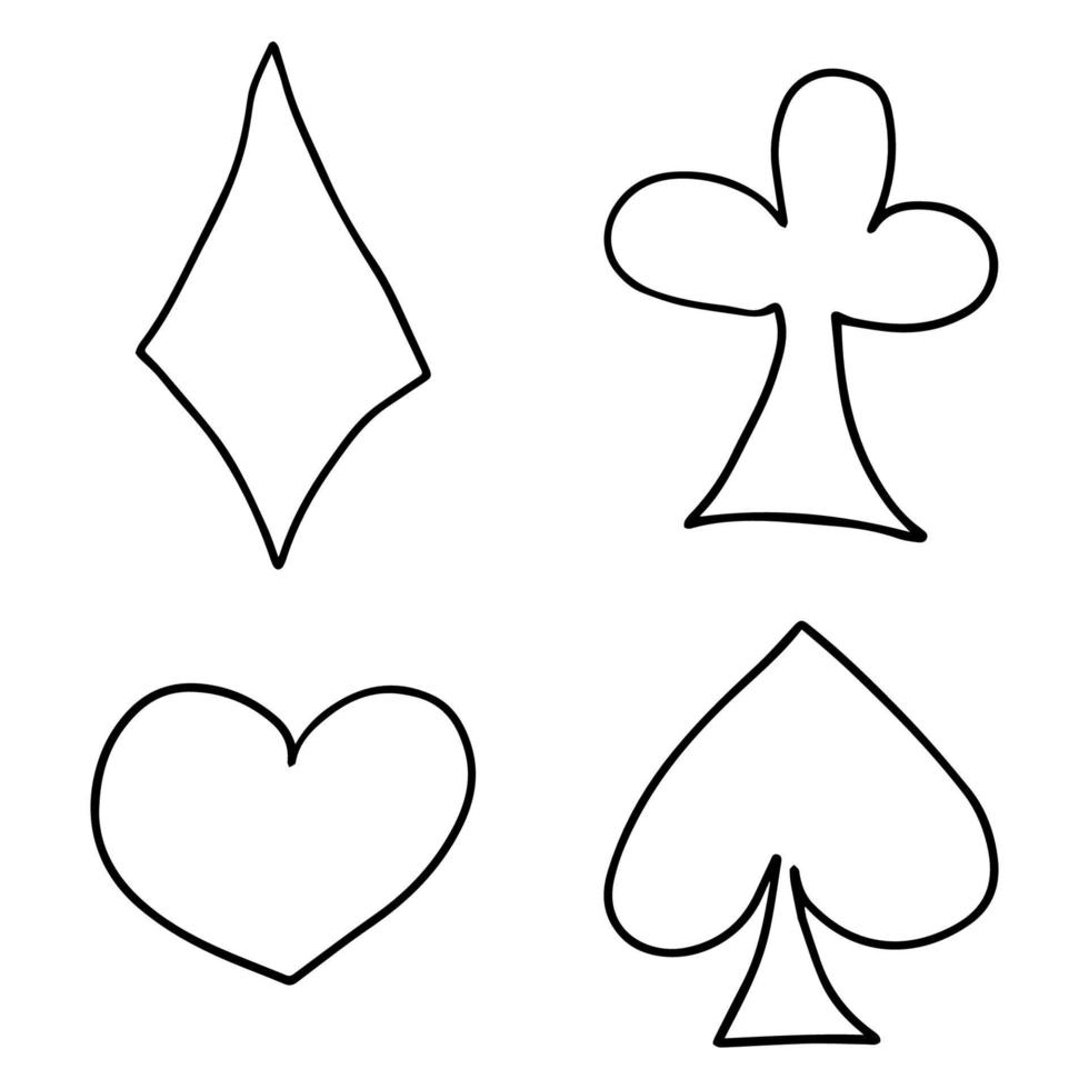 niedlicher gekritzelanzug von spielkarten, zeichen, symbolen lokalisiert auf weißem hintergrund. vektor