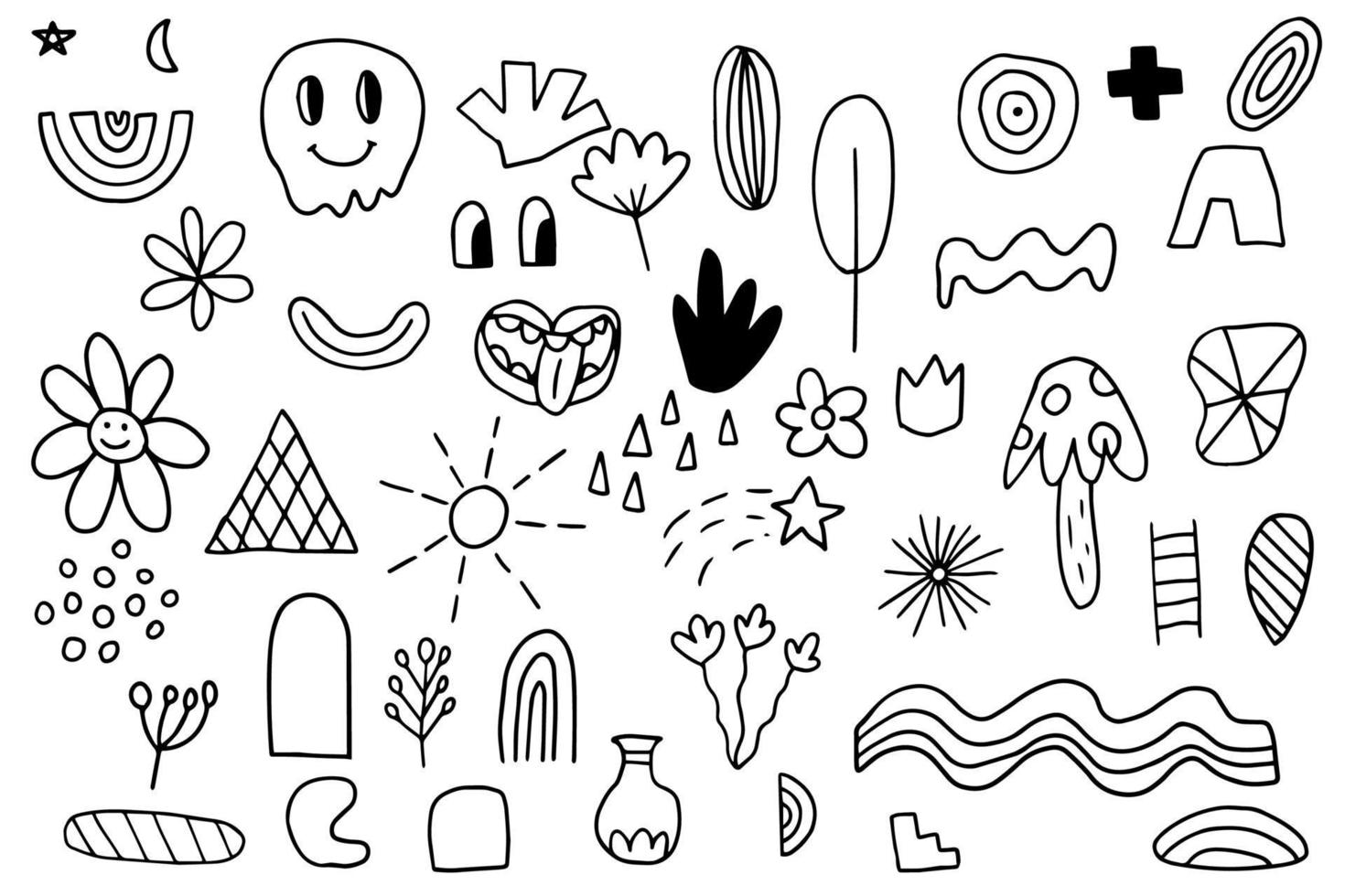 satz verschiedener gekritzel-boho-bogemian-formen. elemente für postkarten, muster, dekoration. ClipArt handgezeichnete Hippie-freie Formen. Tattoo-Vorlage. vektor