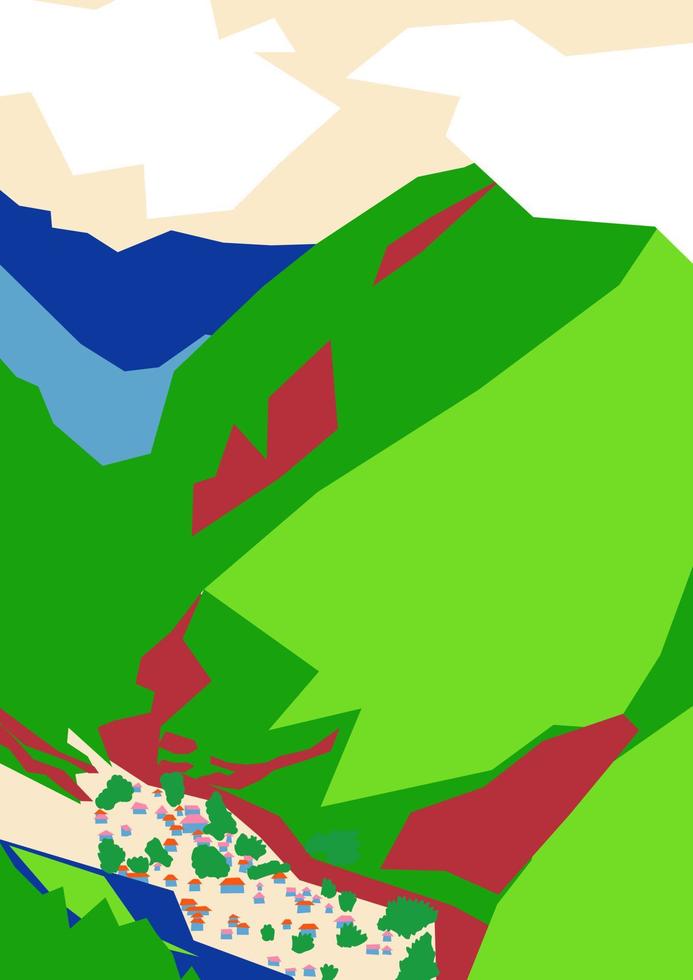 abstrakt naturlandskap av berg och byhus i ljusa färger vektor