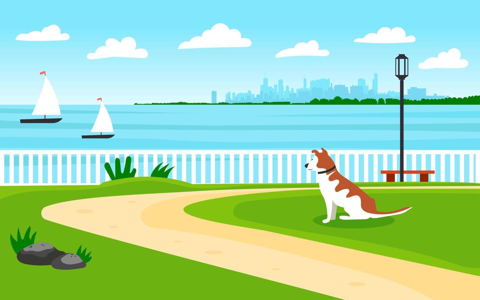 Landschaft am Meer. direkt am meer. Der Hund blickt in die Ferne zum Ufer. Blick auf die Metropole. Segelboote vektor