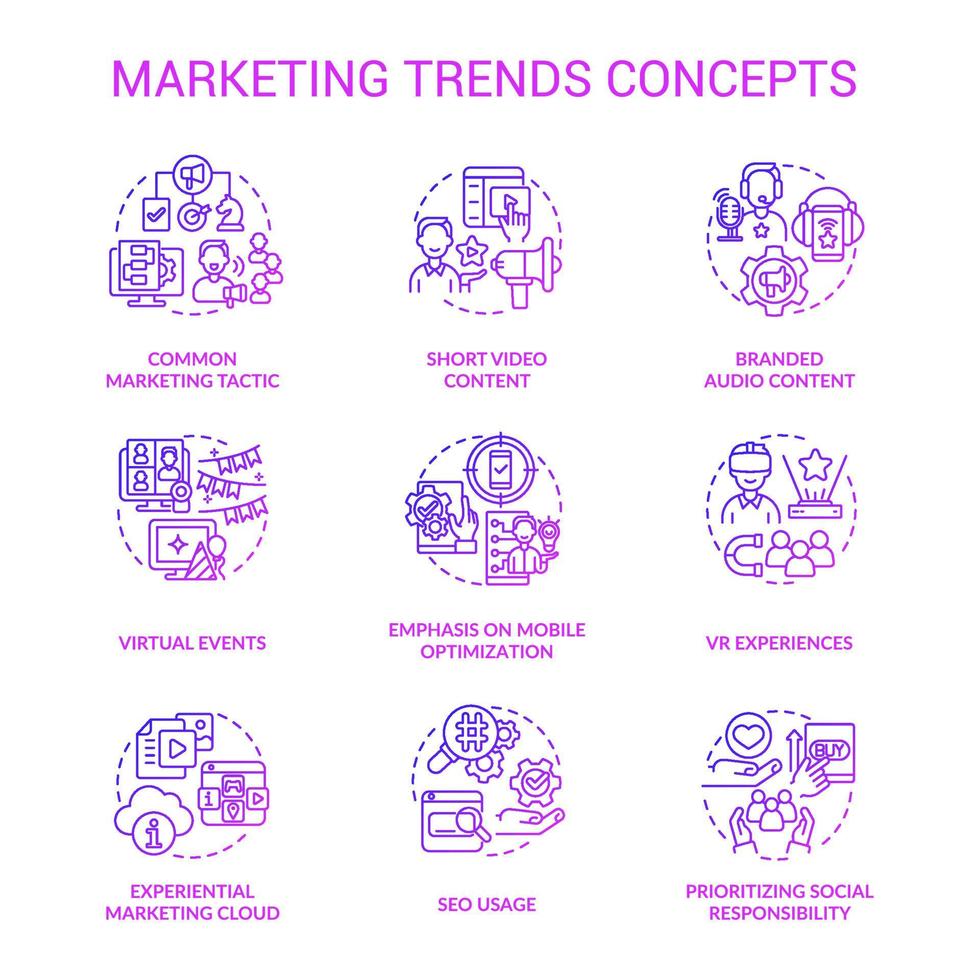 Marketing-Trends lila Gradienten-Konzept-Icons gesetzt. Wirtschaftsförderungskampagne. kundeninteressierende idee dünne linienillustrationen. isolierte Symbole. Roboto-Medium, unzählige pro-fette Schriftarten verwendet vektor