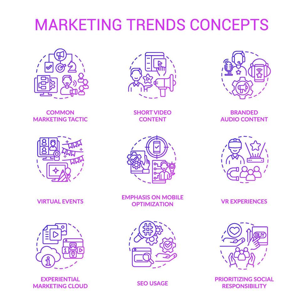 marknadsföring trender lila gradient koncept ikoner set. företagsfrämjande kampanj. kundengagerande idé tunn linje färgillustrationer. isolerade symboler. roboto-medium, otaliga pro-bold typsnitt som används vektor