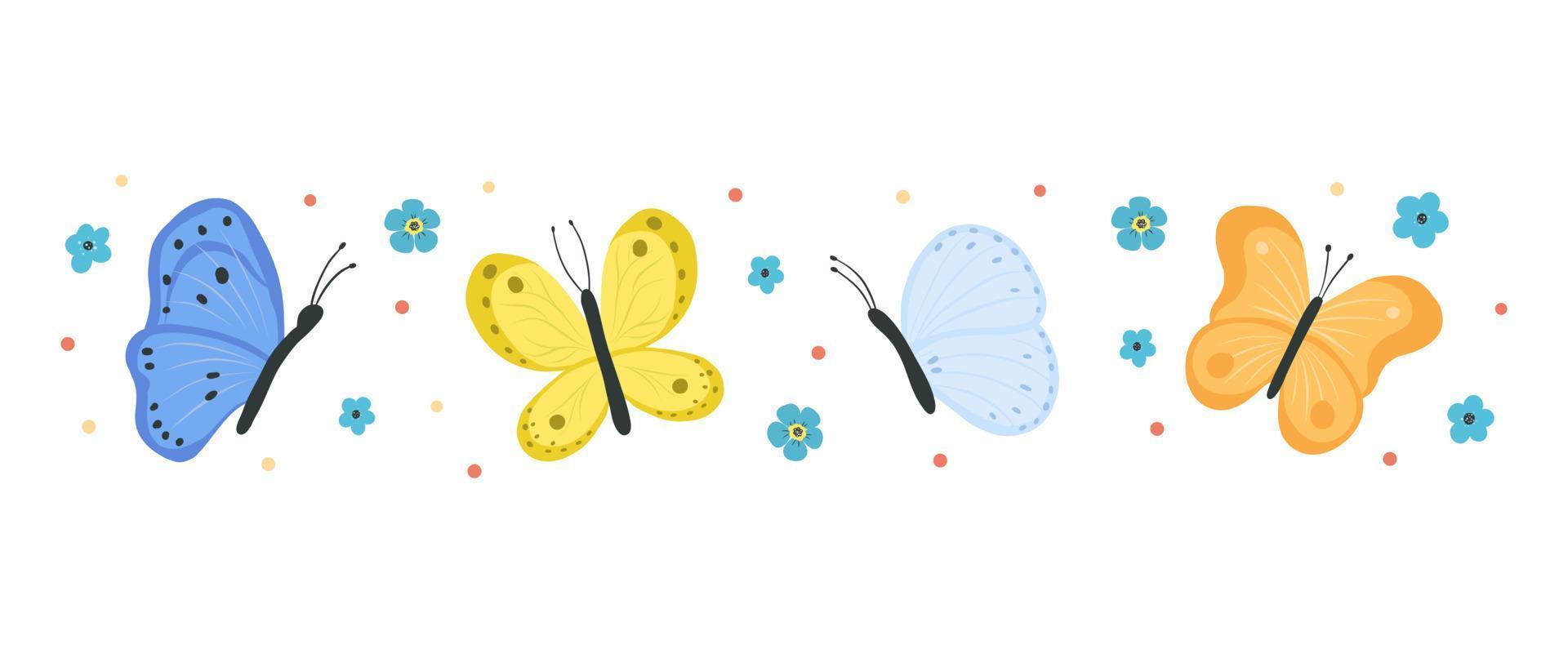 Sammlung von Schmetterlingen und Motten isoliert auf weißem Hintergrund. Reihe von fliegenden Insekten mit bunten Flügeln. bündel dekorativer gestaltungselemente. flache vektorillustration. vektor