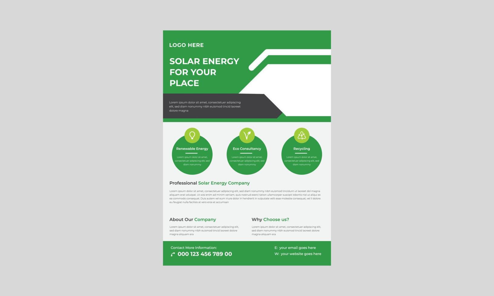Flyer-Vorlagen für Solarenergie, Flyer für Lösungen von Solarexperten, Flyer-Design für grüne Energie. Broschürenvorlage für Solarenergie. vektor