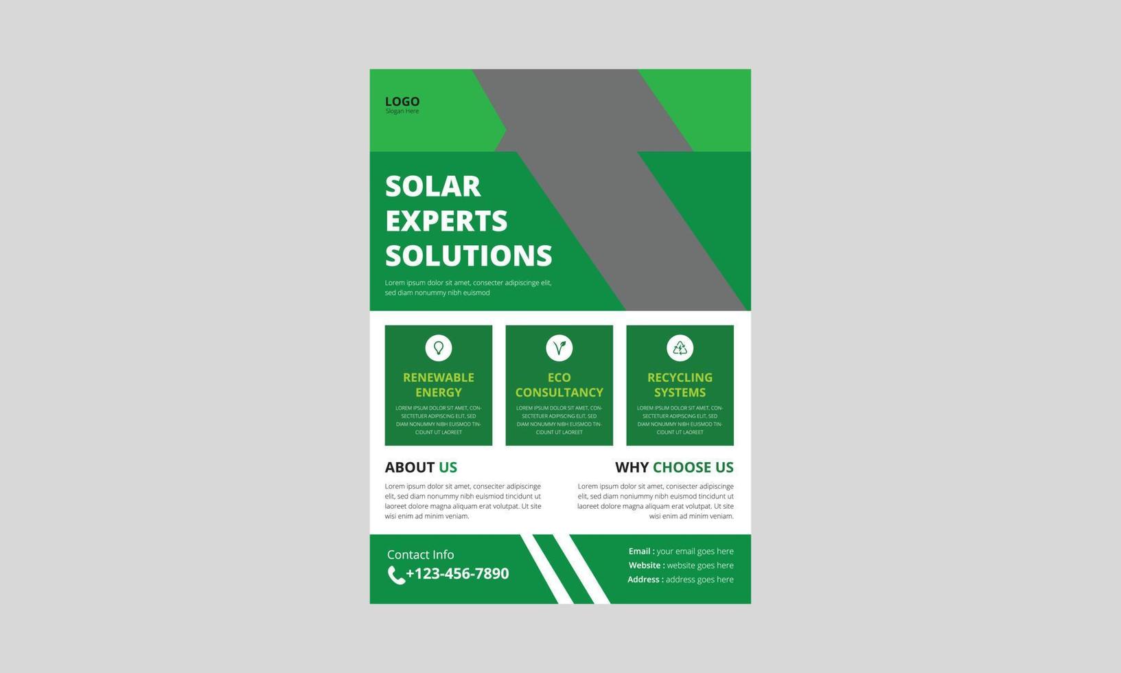 Flyer-Vorlage für Lösungen von Solarexperten. haus sonnenenergie flyer broschürendesign. Plakatvorlage zum Energiesparen für Grün. Cover, Größe A4, Flyer-Design vektor