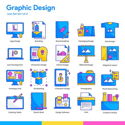 Grafikdesign-Icon-Set. Linien- und Flachfarbenstil. Vektor EPS 10