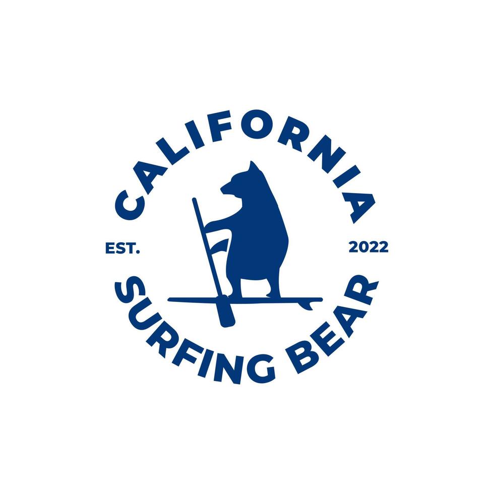 typografisk logotyp vektorillustration av en björn på en surfbräda, surf silhuett vektorillustration. Kalifornien vektor