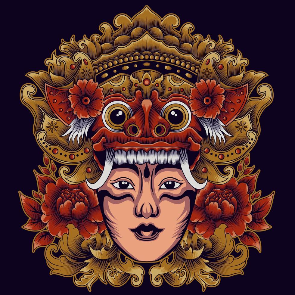 Die Schönheit Balis. barong-maske mit balinesischer mädchenillustration vektor