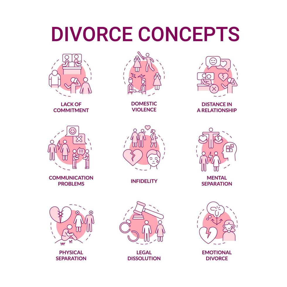 skilsmässa rosa koncept ikoner set. orsaker till relationsuppbrott. partners separation idé tunn linje färgillustrationer. isolerade konturritningar. roboto-medium, otaliga pro-bold typsnitt som används vektor