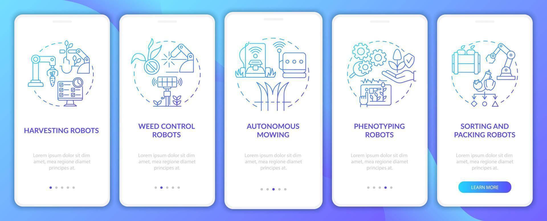 Roboterlösungen blauer Farbverlauf beim Onboarding des Bildschirms der mobilen App. Komplettlösung 5 Schritte grafische Anleitungsseiten mit linearen Konzepten. ui, ux, gui-Vorlage. Unzählige pro-fette, normale Schriftarten werden verwendet vektor