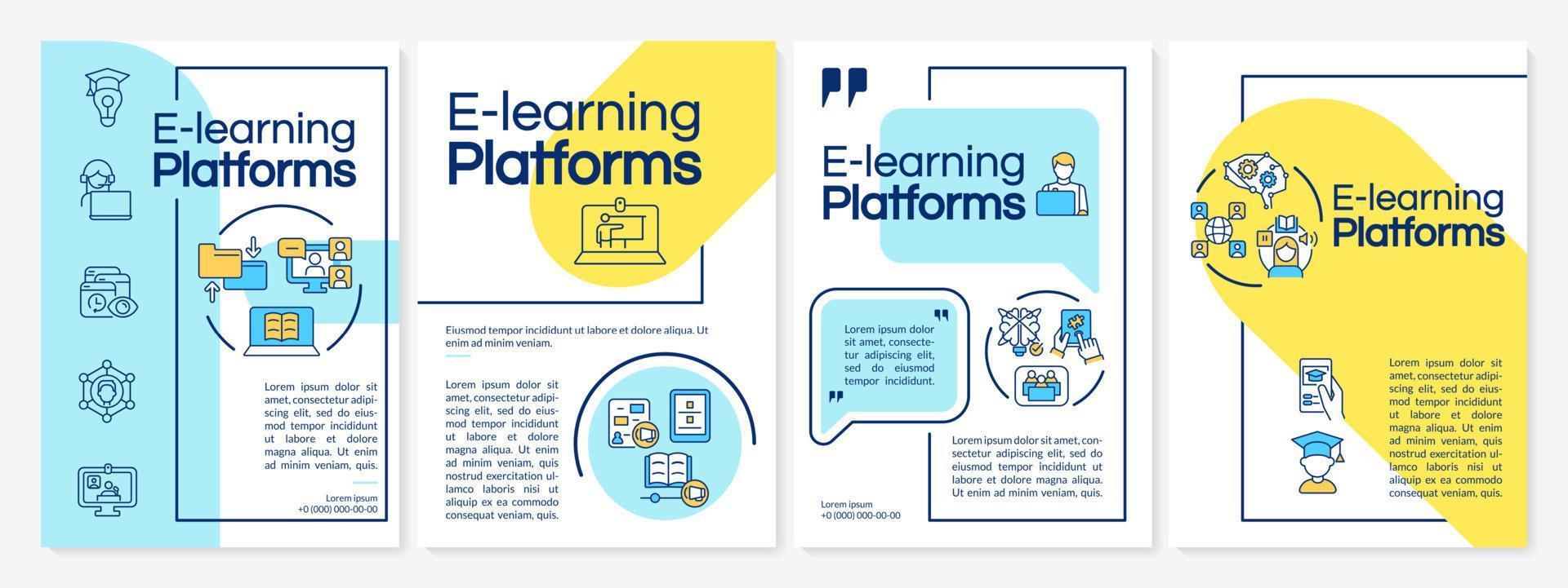 eLearning-plattformar blå och gul broschyrmall. häftesutskrift med linjära ikoner. vektor layouter för presentation, årsredovisningar, annonser. questriella, lato-reguljära teckensnitt som används