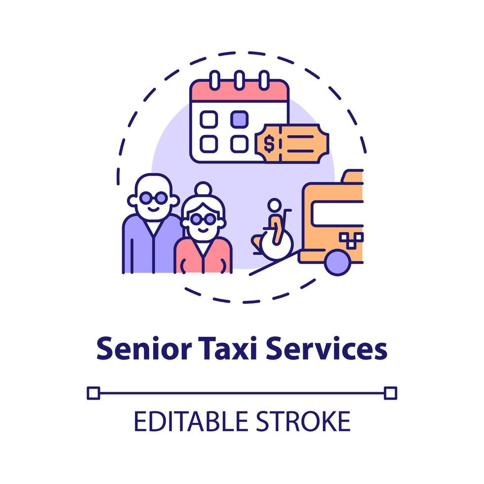 Senior-Taxi-Service-Konzept-Symbol. richten sie die abstrakte idee des lieferungsgeschäfts ein, dünne linie illustration. isolierte Umrisszeichnung. editierbarer Strich. Roboto-Medium, unzählige pro-fette Schriftarten verwendet vektor