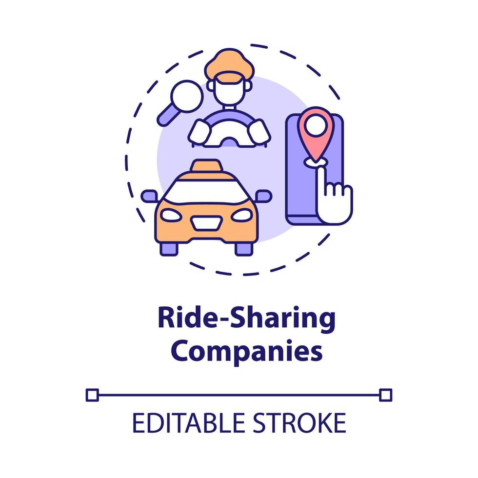 Symbol für das Konzept von Ride-Sharing-Unternehmen. Personenkraftwagen. lieferung geschäft abstrakte idee dünne linie illustration. isolierte Umrisszeichnung. editierbarer Strich. Roboto-Medium, unzählige pro-fette Schriftarten verwendet vektor