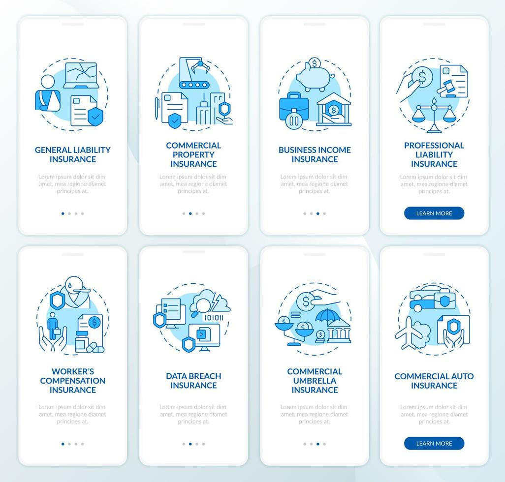 unternehmensversicherung blauer onboarding-bildschirm der mobilen app. Business Walkthrough 4 Schritte grafische Anleitungsseiten mit linearen Konzepten. ui, ux, gui-Vorlage. Unzählige pro-fette, normale Schriftarten werden verwendet vektor