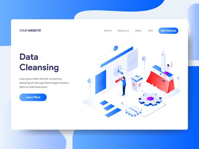 Zielseitenschablone von Daten, die isometrisches Illustrations-Konzept säubern. Isometrisches flaches Konzept des Entwurfes des Webseitendesigns für Website und bewegliche Website Auch im corel abgehobenen Betrag vektor