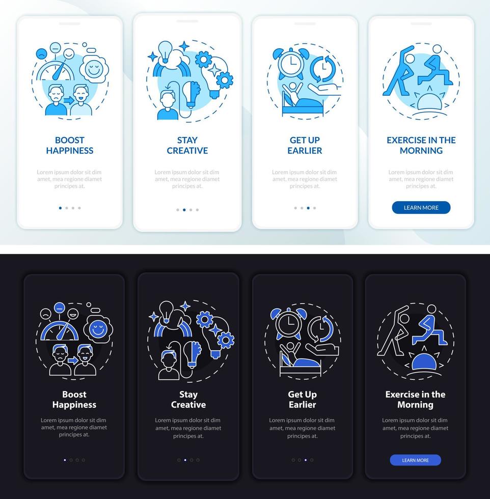 ausgeglichene lebensidee nacht- und tagmodus beim onboarding des mobilen app-bildschirms. Tipps Komplettlösung 4 Schritte grafische Anleitungsseiten mit linearen Konzepten. ui, ux, gui-Vorlage. Unzählige pro-fette, normale Schriftarten werden verwendet vektor