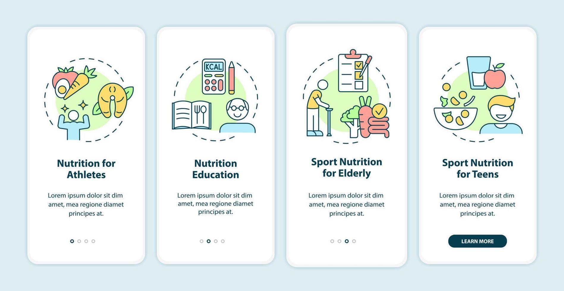 Essen für Bewegung und Sport auf dem Bildschirm der mobilen App. Ernährung Walkthrough 4 Schritte grafische Anleitungsseiten mit linearen Konzepten. ui, ux, gui-Vorlage. Unzählige pro-fette, normale Schriftarten werden verwendet vektor