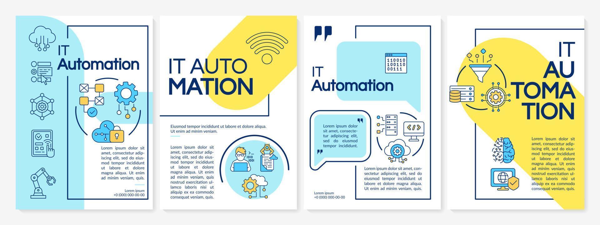 it-automatisierung gelbe, blaue broschürenvorlage. Computer Programm. Broschürendruckdesign mit linearen Symbolen. Vektorlayouts für Präsentationen, Jahresberichte, Anzeigen. Arial Black, Myriad Pro Regular-Schriftarten verwendet vektor