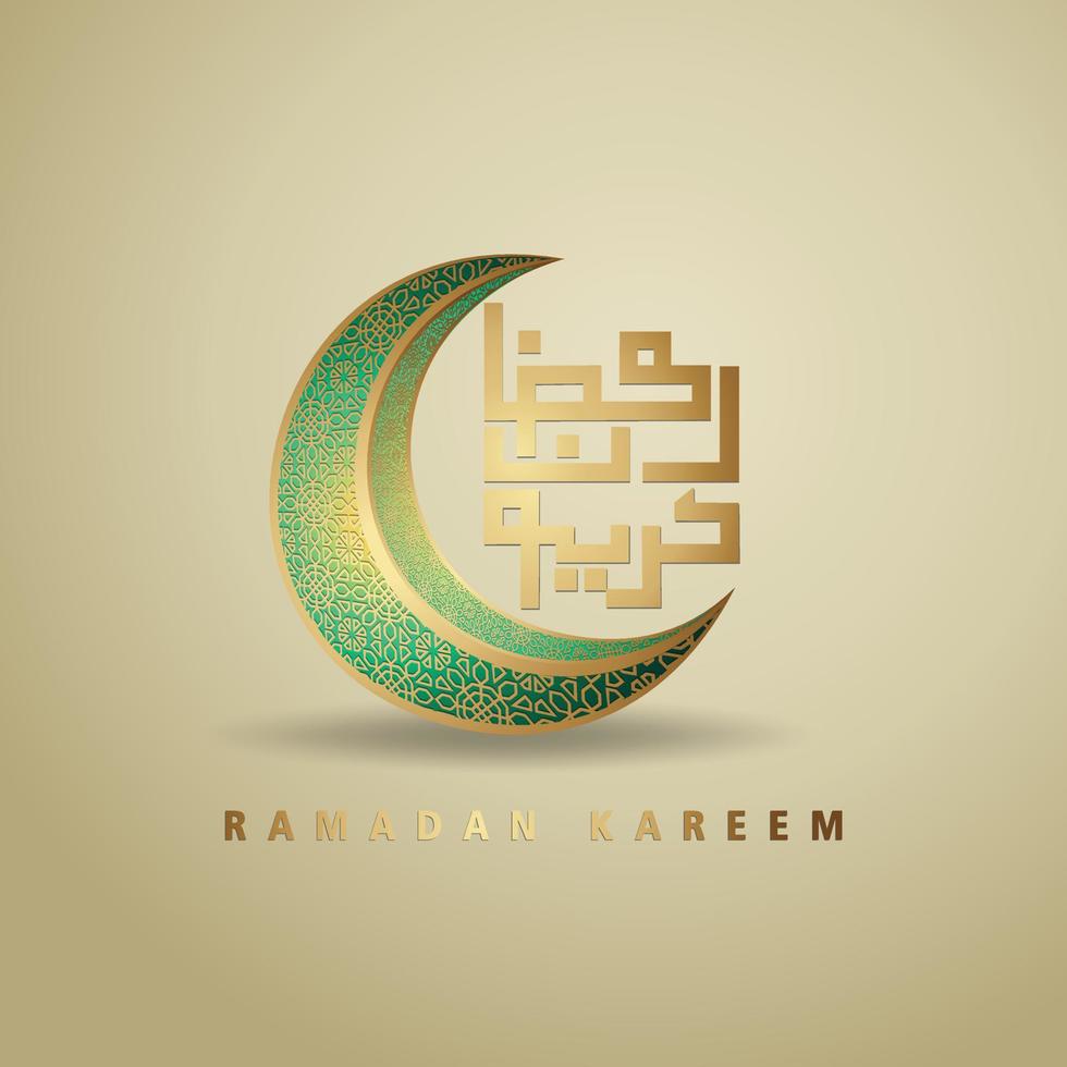 lyxig design ramadan kareem med arabisk kalligrafi, halvmåne, traditionell lykta och moskémönster textur islamisk bakgrund. vektor illustration.