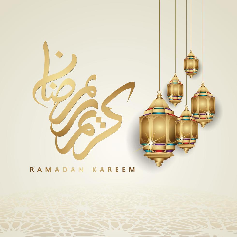 lyxig design ramadan kareem med arabisk kalligrafi, halvmåne, traditionell lykta och moskémönster textur islamisk bakgrund. vektor illustration.
