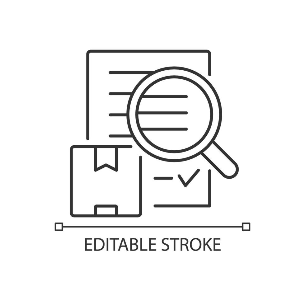 Lineares Symbol für die Kontrolle des Frachttransports für die Versandprüfung. Internationales Qualitätszertifikat. dünne linie anpassbare illustration. Kontursymbol. Vektor isoliert Umrisszeichnung. editierbarer Strich