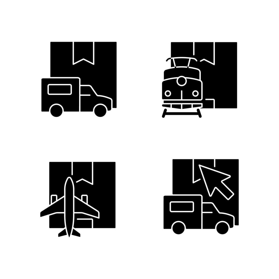 internationale versandtransportarten schwarze glyphensymbole auf weißem raum. Lieferung online anfordern. moderne Technologie der Frachtschifffahrt. Silhouettensymbole. vektor isolierte illustration