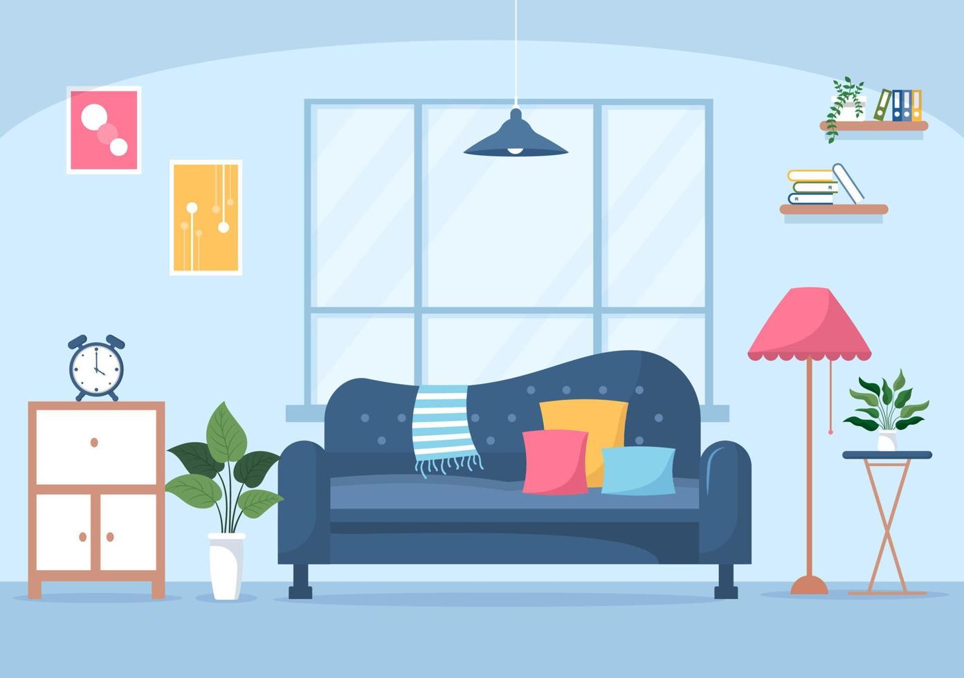 hemmöbler platt designillustration för vardagsrummet för att vara bekvämt som en soffa, skrivbord, skåp, lampor, växter och väggbonader vektor